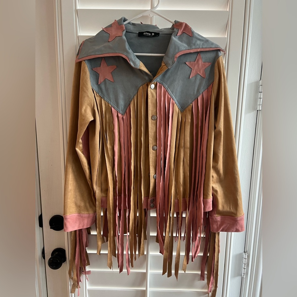 Fringe Jacket with Stars. Blue B faux suede shirt/jacket. Pink, blue, tan.